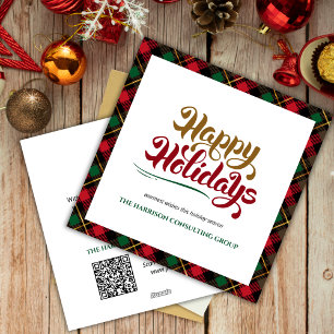 Green Plaid Happy Holidays Business Logo QR Code Holiday Card