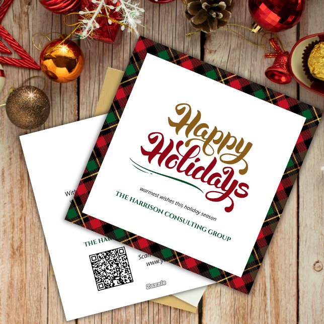  Green Plaid Happy Holidays Business Logo QR Code  Holiday Card (Creator Uploaded)