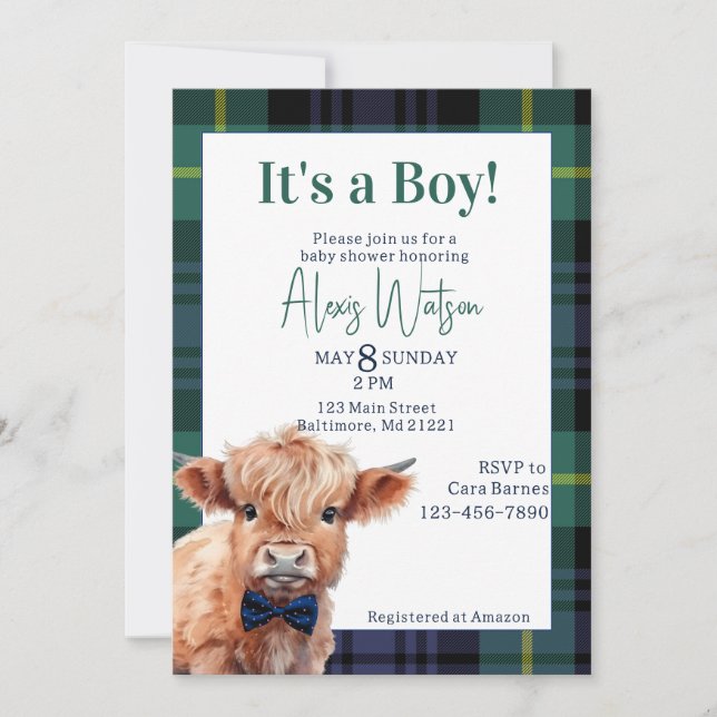 Green plaid highland cow baby shower invitation (Front)