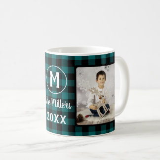 Green Plaid Holiday Family Name 2 Photo Year Coffee Mug