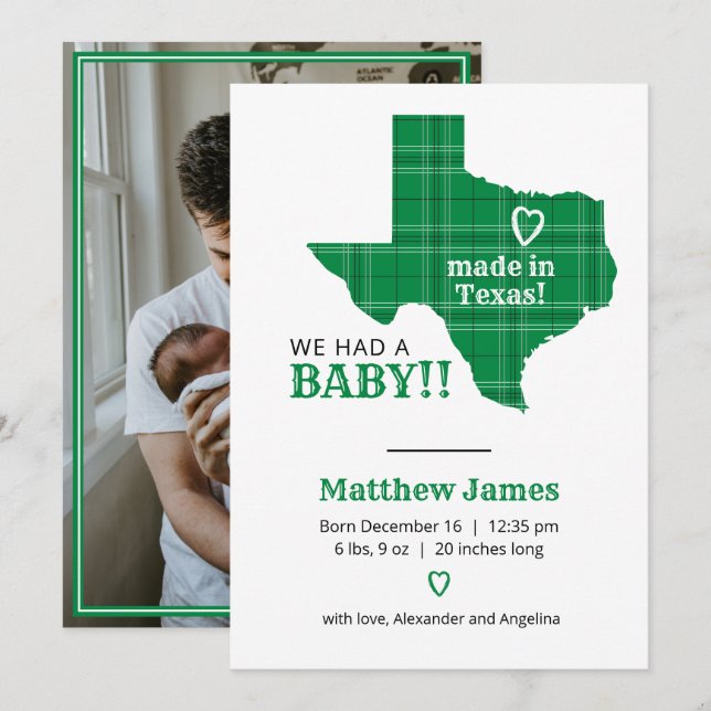 Green Plaid Made In Texas Vertical Photo Announcement (Front/Back)