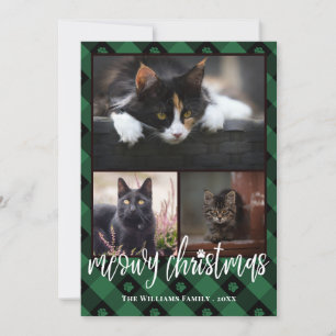 Green Plaid Meowy Christmas Photo Collage Holiday Card