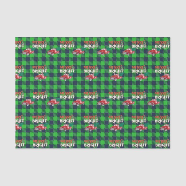 Green Plaid Merry Bright Red Truck Holiday Tissue Paper (Front)