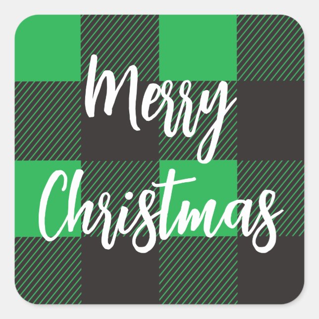 Green plaid Merry Christmas Square Sticker (Front)
