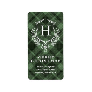 Green Plaid Monogram Christmas Return Address Label