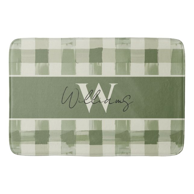 Green Plaid Monogram Family Name Bathroom Bath Mat (Front)