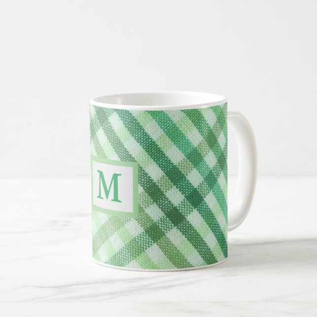 green plaid, monogram, farmhouse, rustic mug (Front Right)