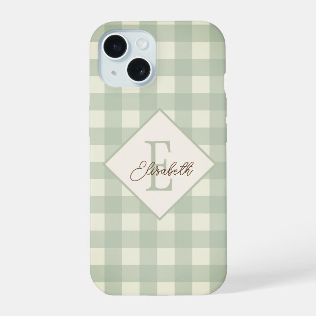 Green Plaid, Monogram iPhone 15 Case (Back)