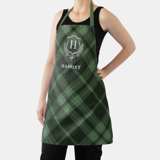 Green Plaid Monogram Name Apron (Insitu)