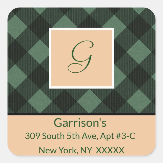 Green Plaid Monogram Return Address Square Seal (Front)