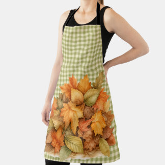 GREEN PLAID & ORANGE GREEN YELLOW FALL LEAVES APRON