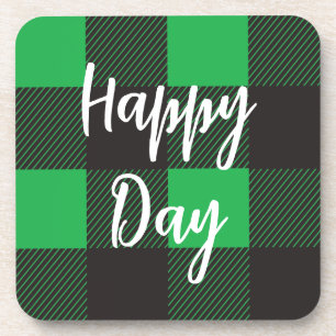 Green Plaid Pattern Happy Day Coaster