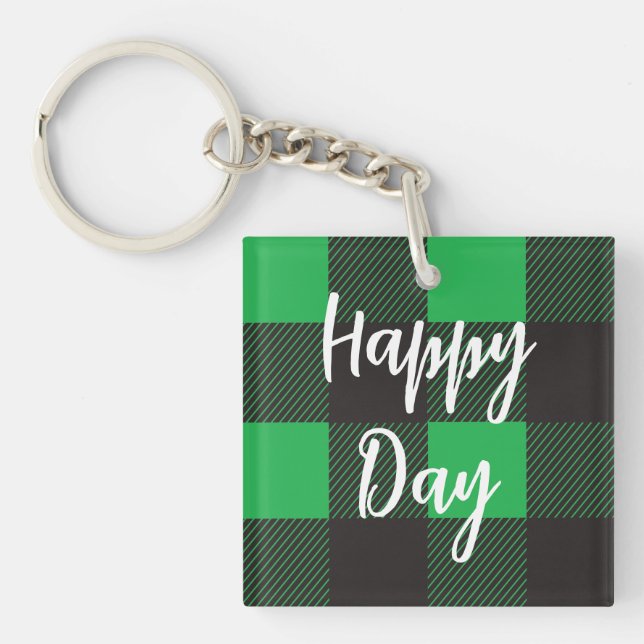 Green Plaid Pattern Happy Day Key Ring (Front)