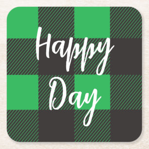 Green Plaid Pattern Happy Day Square Paper Coaster