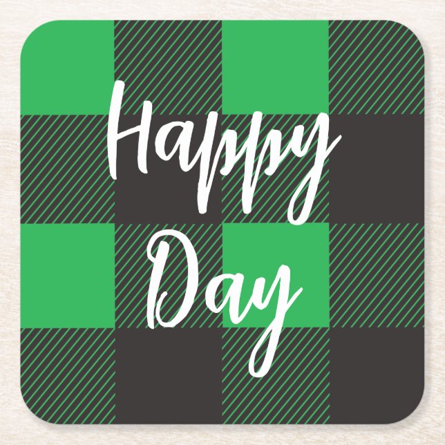 Green Plaid Pattern Happy Day Square Paper Coaster (Front)