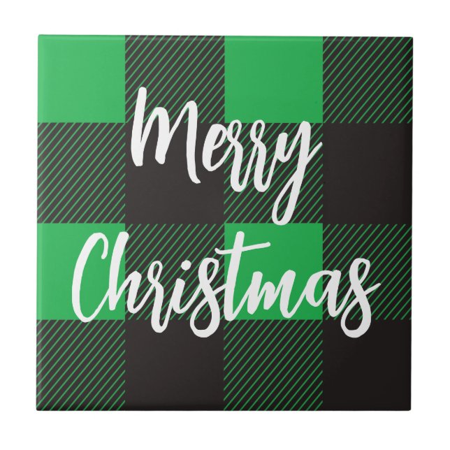 Green Plaid Pattern Merry Christmas Ceramic Tile (Front)