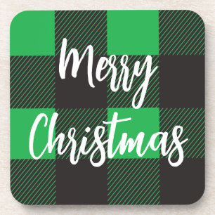 Green Plaid Pattern Merry Christmas Coaster