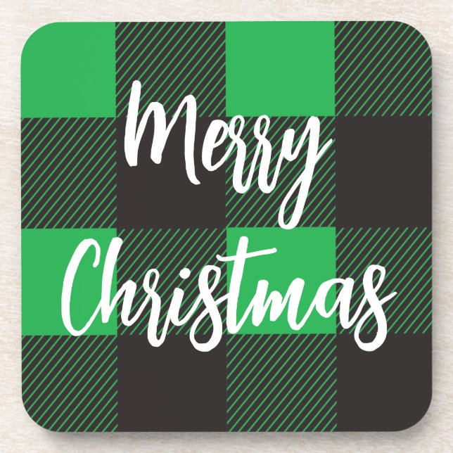 Green Plaid Pattern Merry Christmas Coaster (Front)