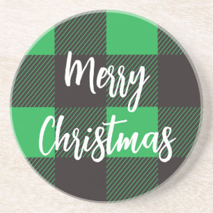 Green Plaid Pattern Merry Christmas Coaster