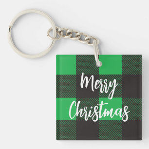 Green Plaid Pattern Merry Christmas Key Ring