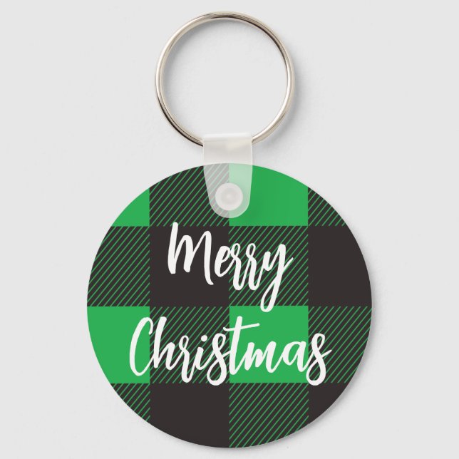 Green Plaid Pattern Merry Christmas Key Ring (Front)