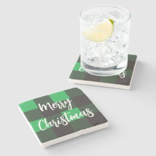 Green Plaid Pattern Merry Christmas Stone Coaster
