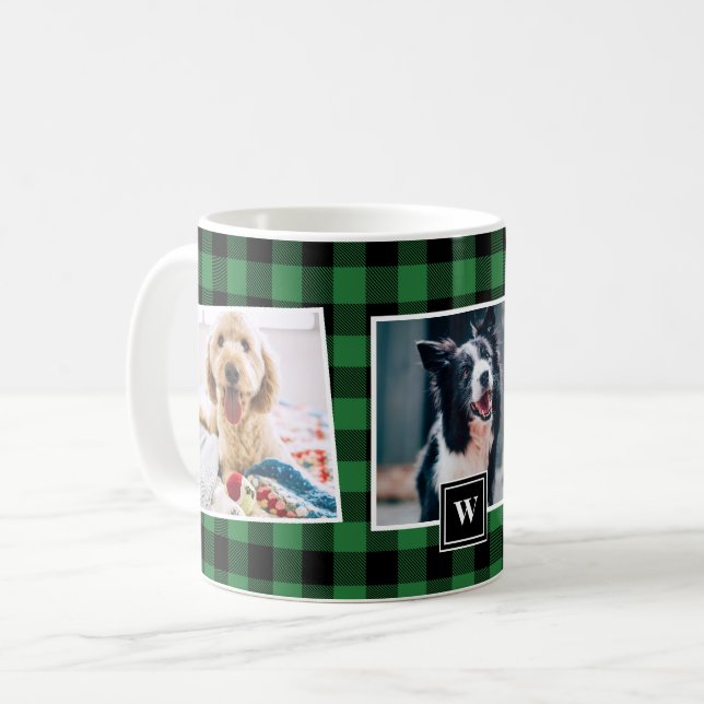 Green Plaid Pattern Photo Collage Monogram Mug (Front Left)