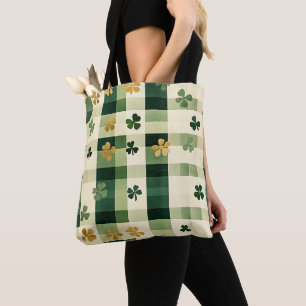 GREEN PLAID PATTERN WITH GREEN & WHITE SHAMROCKS TOTE BAG