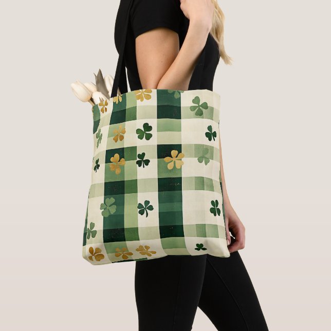 GREEN PLAID PATTERN WITH GREEN & WHITE SHAMROCKS TOTE BAG (Close Up)