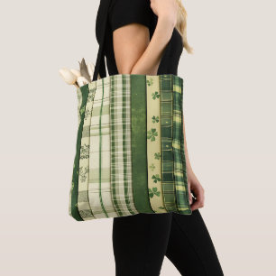 GREEN PLAID PATTERN WITH GREEN & WHITE SHAMROCKS TOTE BAG