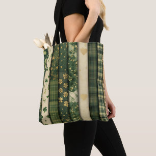 GREEN PLAID PATTERN WITH GREEN & WHITE SHAMROCKS TOTE BAG