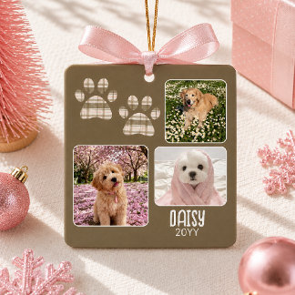 Green Plaid Paw Dog Photo Collage Keepsake Ceramic Ornament