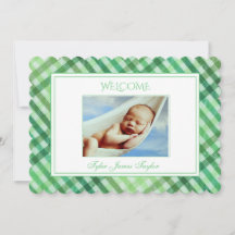 Green Plaid Personalised Script Baby Photo Birth