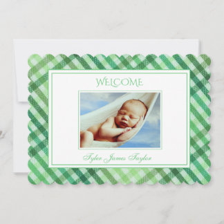 Green Plaid Personalised Script Baby Photo Birth Announcement
