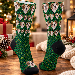 Green Plaid Pet Photo Name Christmas Socks