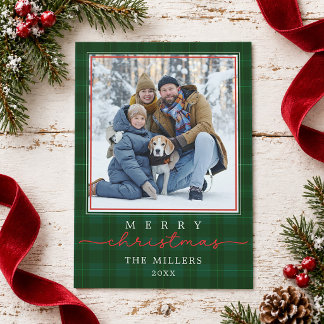 Green Plaid Photo Script Merry Christmas Card
