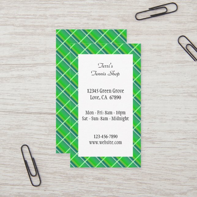 Green Plaid Preppy Editable Business Card (Front/Back In Situ)