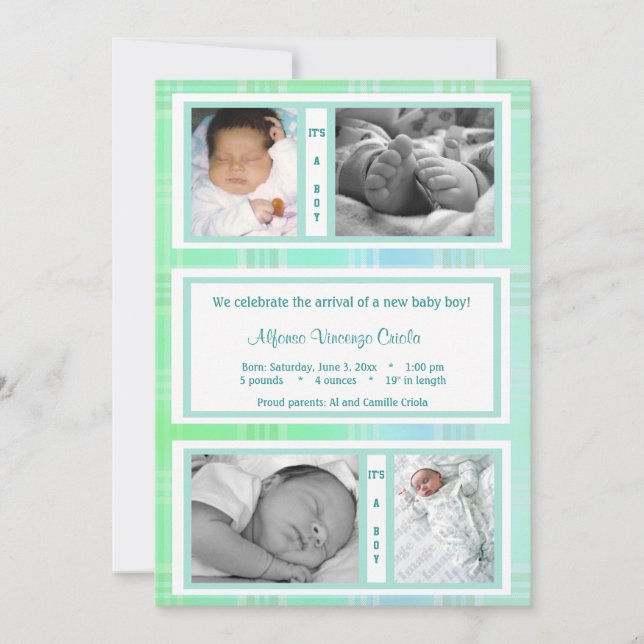 Green Plaid Quad Photo Birth Announcement (Front)