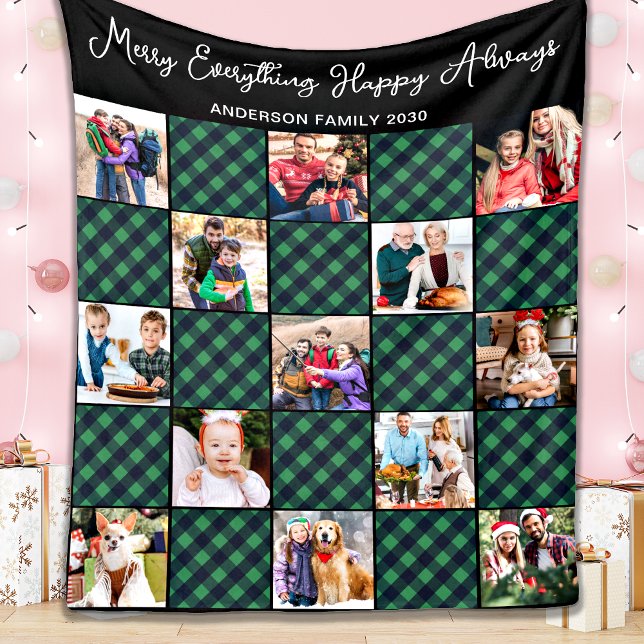 Green Plaid Quilt Personalized 13 Photo Collage  Fleece Blanket (Creator Uploaded)