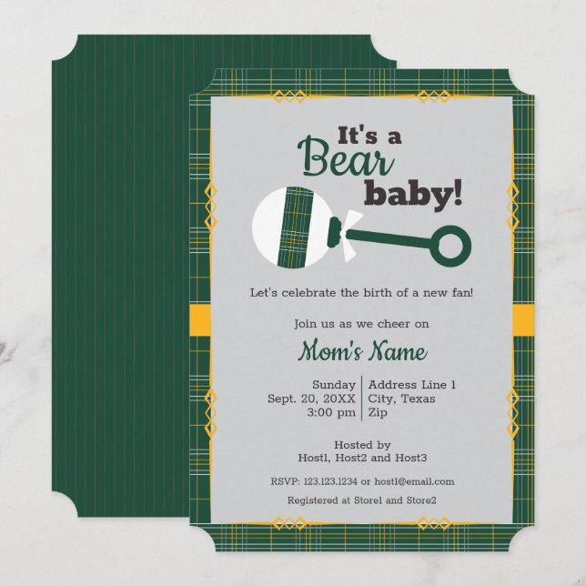 Green Plaid Rattle Bear Baby Shower Invitation (Front/Back)