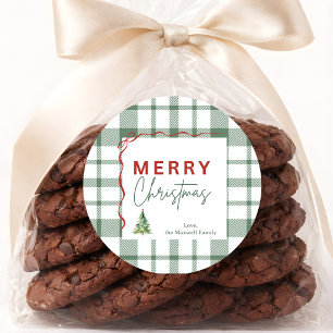 Green Plaid Red Bow Rustic Merry Christmas Sticker