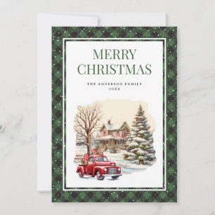 Green Plaid Red Truck Merry Christmas Card