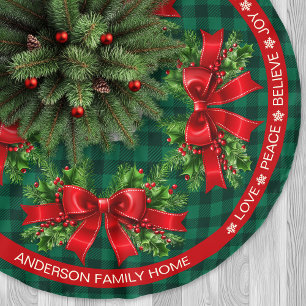 Green Plaid Ribbon Holly Festive Words Christmas Brushed Polyester Tree Skirt