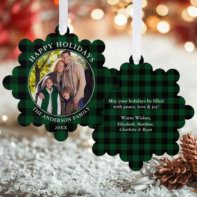 Green Plaid Rustic Happy Holidays Photo Tree Decoration Card (A greeting card that is also an ornament! Customize with your photo and personalized text.)