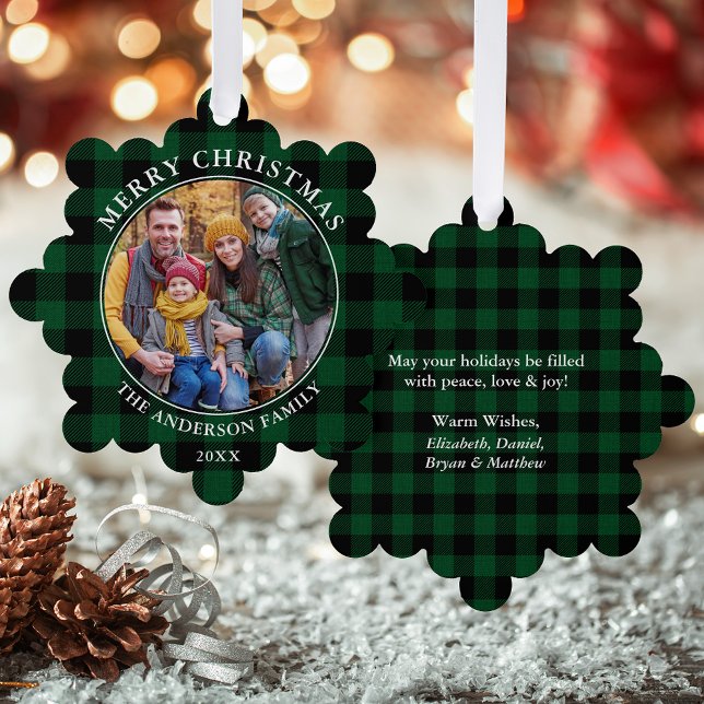 Green Plaid Rustic Merry Christmas Photo Tree Decoration Card (A greeting card that is also an ornament! Customize with your photo and personalized text.)