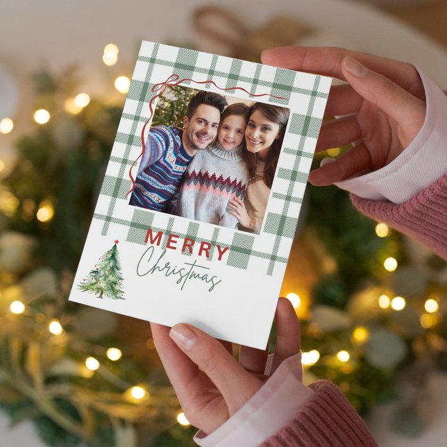 Green Plaid Rustic Photo Folded Christmas Card (Green Plaid Rustic Photo Folded Christmas Card)