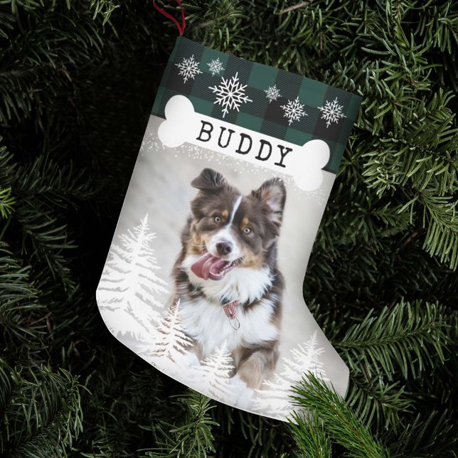 Green Plaid Rustic Pine Trees Dog Bone Pet Photo Small Christmas Stocking (Creator Uploaded)
