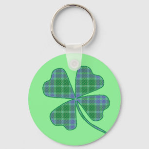 Green Plaid Shamrock Four-Leaf Clover Key Ring