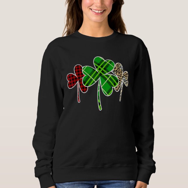 Green Plaid Shamrock Red Leopard Happy St Patricks Sweatshirt (Front)