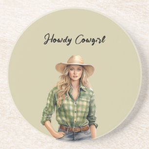 Green Plaid Shirt Howdy Blonde Female Cowgirl Coaster